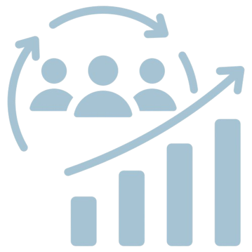 Group of people with circular arrows above a rising bar chart showing customer growth